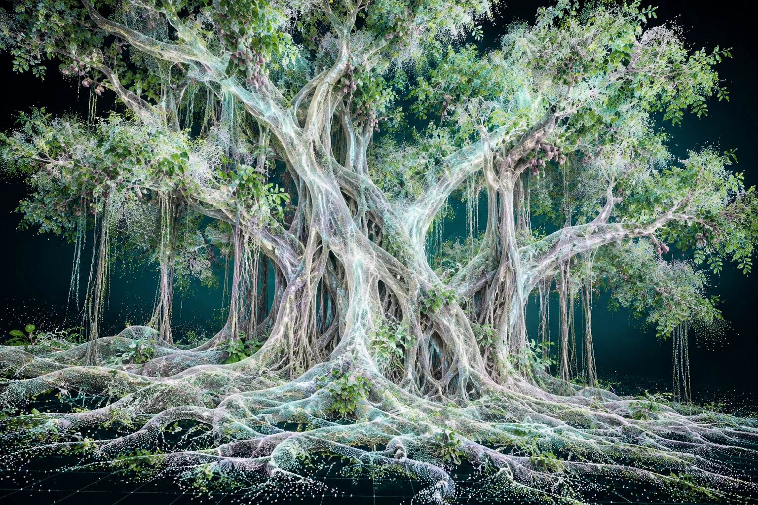 An intricate luminous fig tree with intertwined roots, branches and a leafy canopy